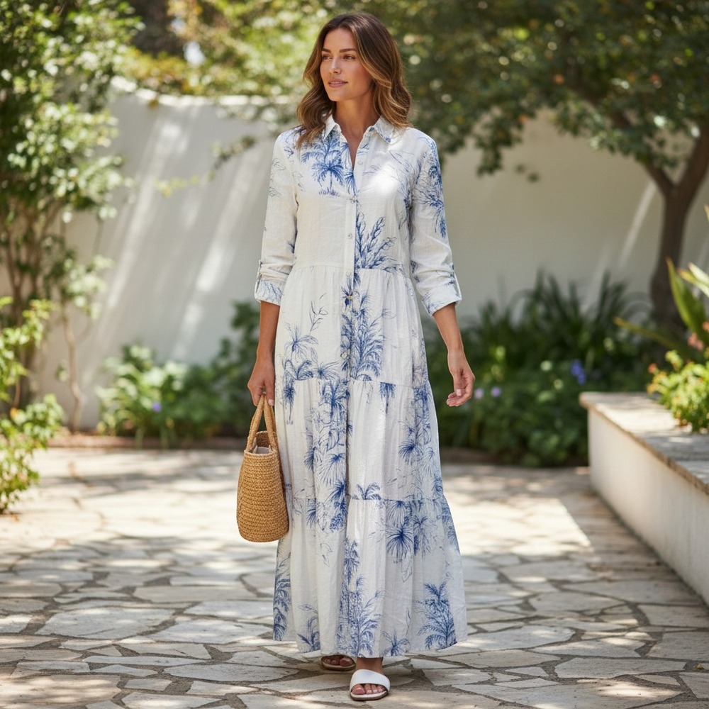 1.STATE Size S White & Blue Palm Tree Print Button Front Tiered Maxi Dress